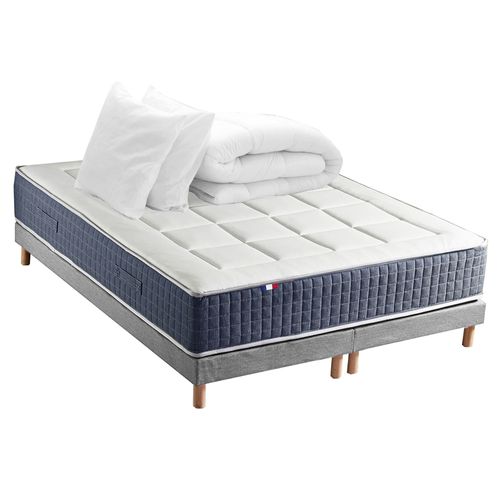 Ensemble Matelas Ressort 7 Zones + Mémoire De Forme + Sommier + Couette + Oreillers 160x200 Gris