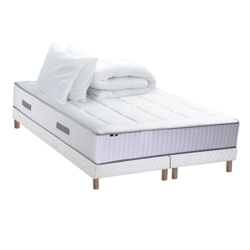 Ensemble Matelas Ressort 7 Zones + Sommier + Oreiller + Couette 160x200 Blanc