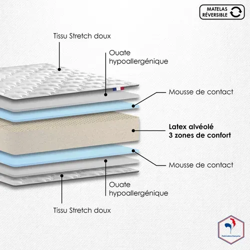 Matelas Latex 90x200 cm PURE - 3 Zones - Confort Ergonomique Made In France