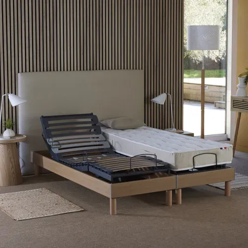 Lit Électrique Relaxation Lattes Chêne Clair + Matelas 100% Latex 180x200 cm