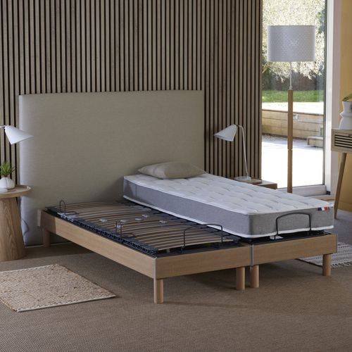 Lit Électrique De Relaxation Multi Lattes Chêne Clair + Matelas Mousse Hr35 160x200 Cm