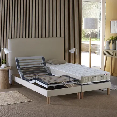 Lit Électrique De Relaxation Lattes + Matelas 100% Latex Beige 160x200 Cm