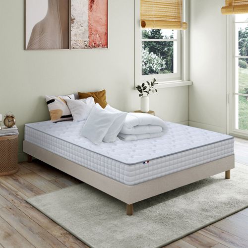 Pack Matelas Ressorts Sommier Beige Couette Oreillers 140x200