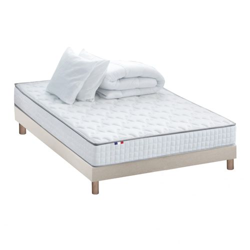 Pack Matelas Ressorts Sommier Beige Couette Oreillers 140x200