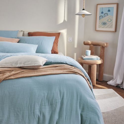 Housse De Couette En Gaze De Coton Essix Tendresse 260x240 Cm - Bleu Heure, Douce, Infroissable, Lavable