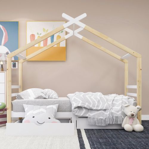 Lit Cabane Enfant Avec Tiroirs 90x200, Bois Massif De Pin Avec Sommier à Lattes, Blanc