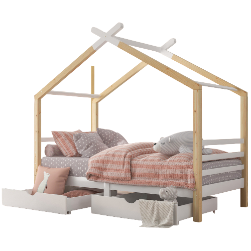 Lit Cabane Enfant Avec Tiroirs 90x200, Bois Massif De Pin Avec Sommier à Lattes, Blanc