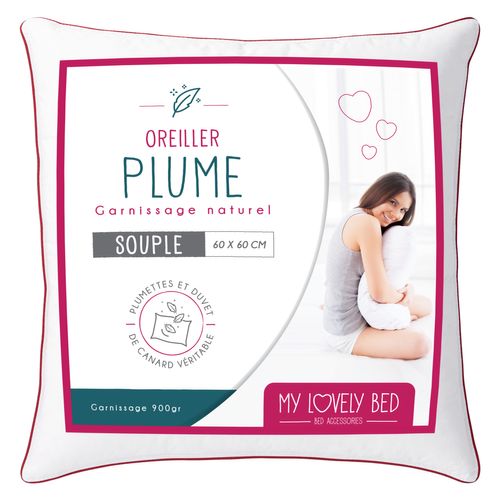 Oreiller 60x60 Cm Naturel - Garnissage Plume Et Duvet - Enveloppe 100% Coton - Gonflant Et Moelleux