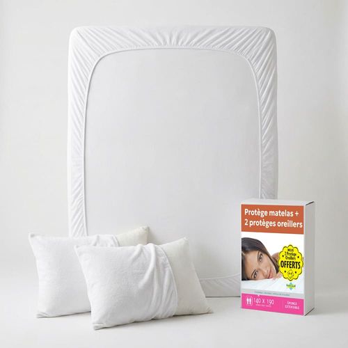 Lot Protection Literie : Protège-matelas 140x190 + 2 Taies D'oreiller 65x65 - Bouclette Coton Douce