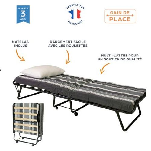 Lit Pliant M8 - 80x190 - Tissu Déco - Lattes Bois - Gain De Place
