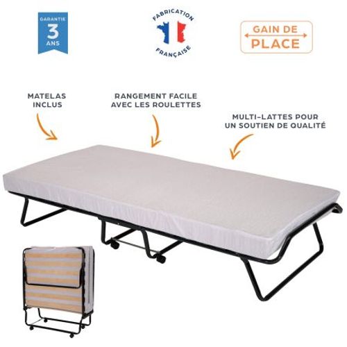 Lit Pliant M10 - 90x190 - Tissu Déco - 17 Lattes Bois - Gain De Place