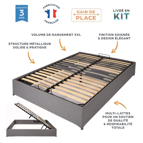Lit Coffre Savio - 160x200 - Tissu Déco Gris Clair - 36 Lattes Bois - Gain De Place
