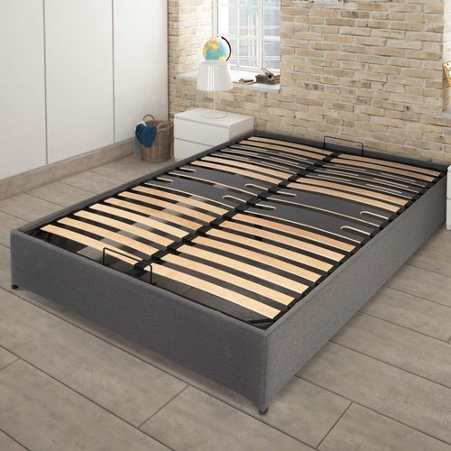 Lit Coffre Savio - 160x200 - Tissu Déco Gris Clair - 36 Lattes Bois - Gain De Place