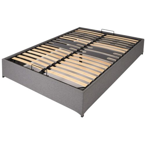 Lit Coffre Savio - 160x200 - Tissu Déco Gris Clair - 36 Lattes Bois - Gain De Place