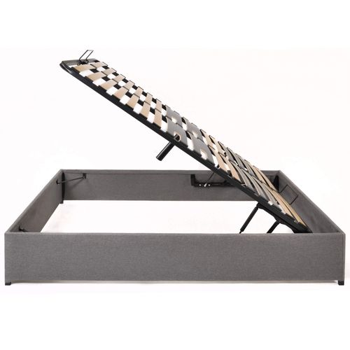 Lit Coffre Savio - 160x200 - Tissu Déco Gris Clair - 36 Lattes Bois - Gain De Place