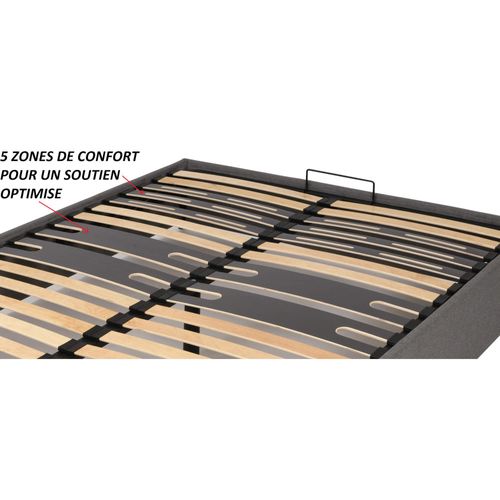 Lit Coffre Savio - 160x200 - Tissu Déco Gris Clair - 36 Lattes Bois - Gain De Place