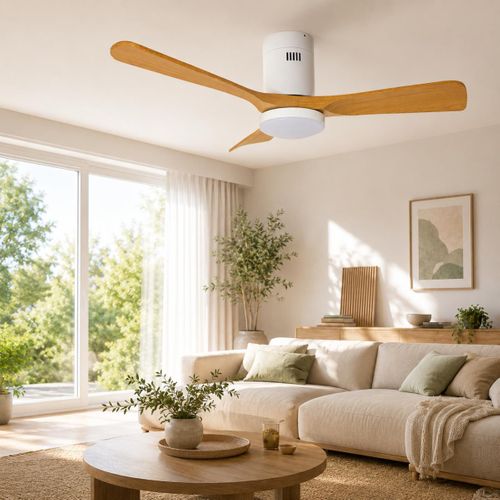 Ventilateur De Plafond Connecté + éclairage D.105 Cm - Blanc Et Bois - Voltman