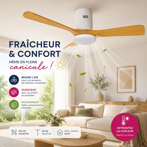Ventilateur De Plafond Connecté + éclairage D.105 Cm - Blanc Et Bois - Voltman