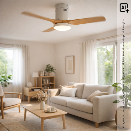 Ventilateur De Plafond Connecté + éclairage D.105 Cm - Blanc Et Bois - Voltman