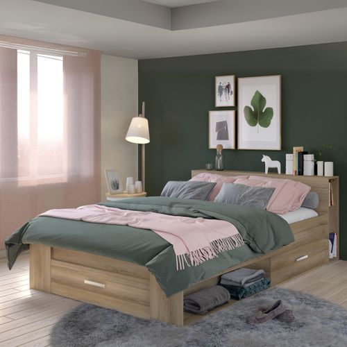 Lit 140x190 cm avec rangements POCKET imitation chêne