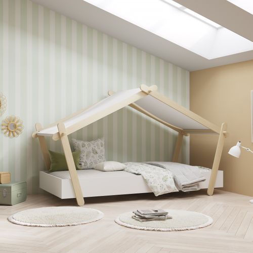 Lit cabane 90x200 cm MANOA blanc et bois