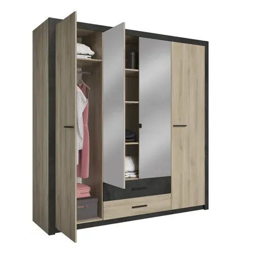Armoire 4 portes avec miroir L. 200 cm COLO imitation chêne et noir