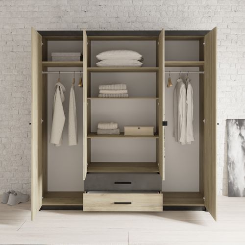 Armoire 4 portes avec miroir L. 200 cm COLO imitation chêne et noir