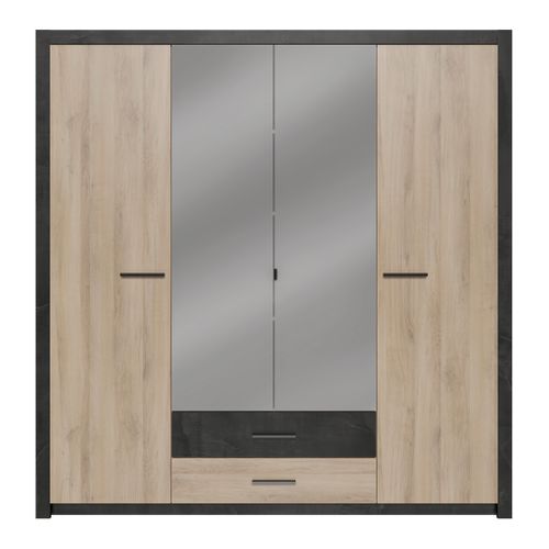 Armoire 4 portes avec miroir L. 200 cm COLO imitation chêne et noir