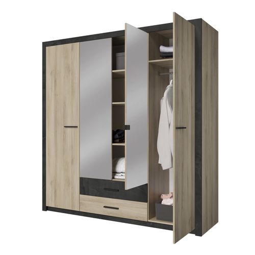 Armoire 4 portes avec miroir L. 200 cm COLO imitation chêne et noir