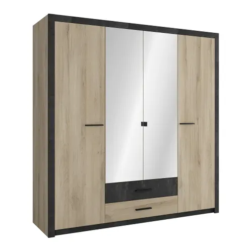 Armoire 4 portes avec miroir L. 200 cm COLO imitation chêne et noir