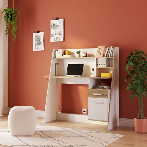 Bureau avec rangements BRUNO imitation chêne et blanc vue d'ambiance 1
