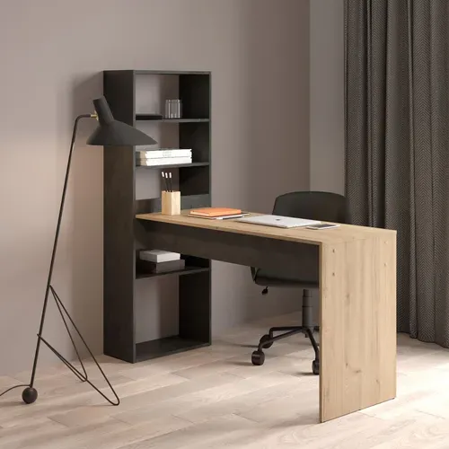 Bureau avec bibliothèque EASE imitation chêne et noir