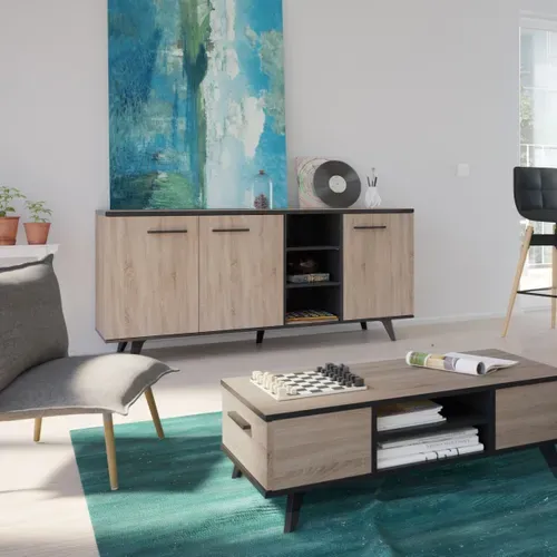 Buffet L.160 cm WAYNE Imitation chêne et noir vue d'ambiance 1