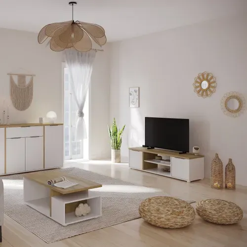 Buffet 160cm AXELLE imitation chêne/ blanc vue d'ambiance 1