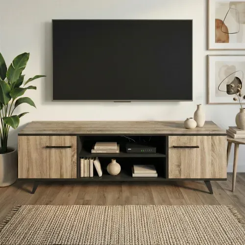 Meuble TV WAYNE Imitation chêne et noir vue d'ambiance 1