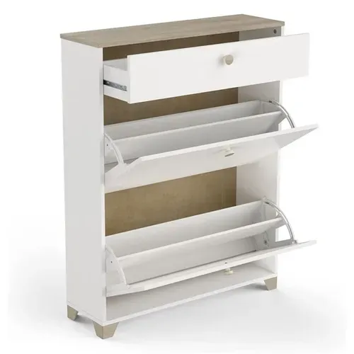 Meuble à Chaussures 2 Abattants 1 Tiroir Izzy Blanc Et Bois