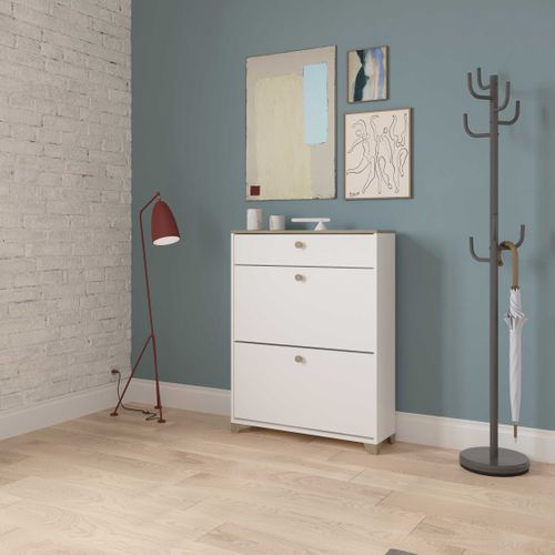 Meuble à Chaussures 2 Abattants 1 Tiroir Izzy Blanc Et Bois