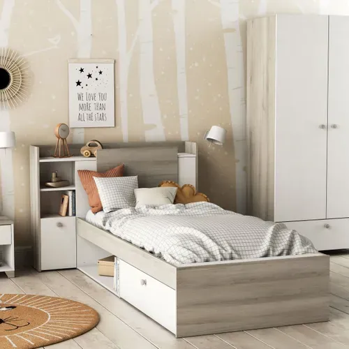 Lit 90x190/200 avec rangements NATHAN imitation chêne et blanc vue d'ambiance 1