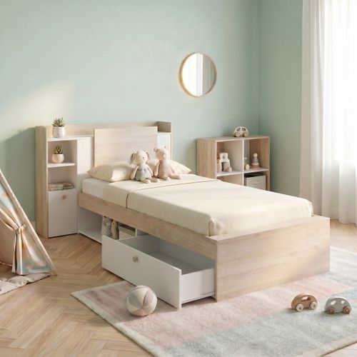 Lit 90x190/200 avec rangements NATHAN imitation chêne et blanc