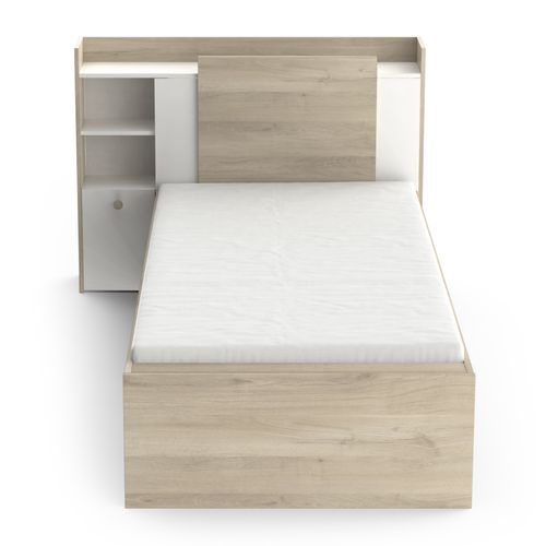 Lit 90x190/200 avec rangements NATHAN imitation chêne et blanc vue de face