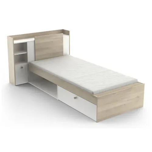 Lit 90x190/200 avec rangements NATHAN imitation chêne et blanc vue 3/4