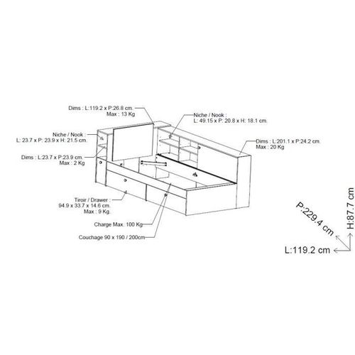 Lit 90x190/200 cm avec rangements ETHAN imitation chêne et blanc