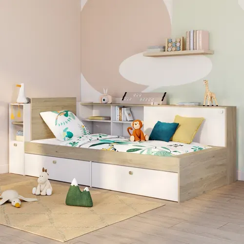 Lit 90x190/200 cm avec rangements ETHAN imitation chêne et blanc vue d'ambiance 1