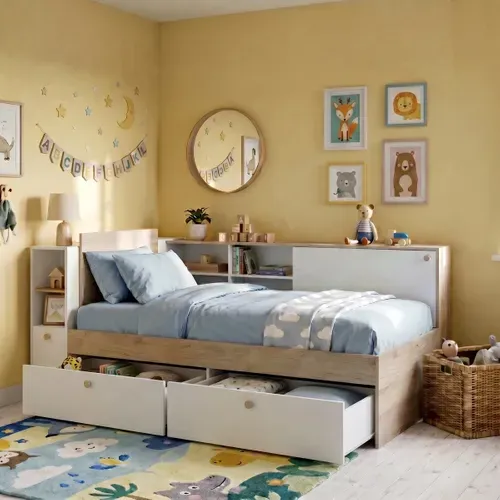 Lit 90x190/200 cm avec rangements ETHAN imitation chêne et blanc