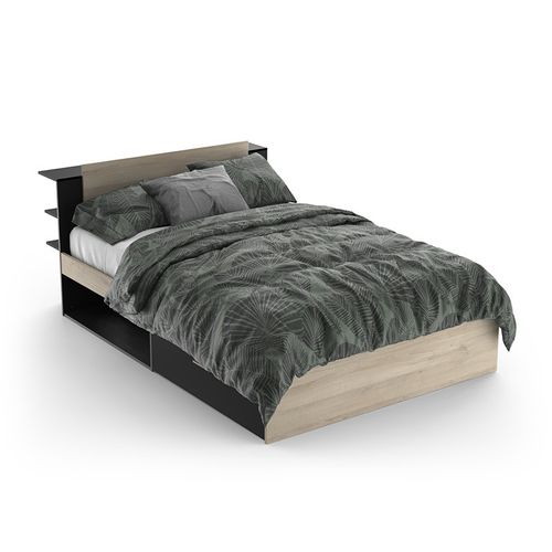 Lit 140x200 Cm Avec Environnement Life Noir Et Bois