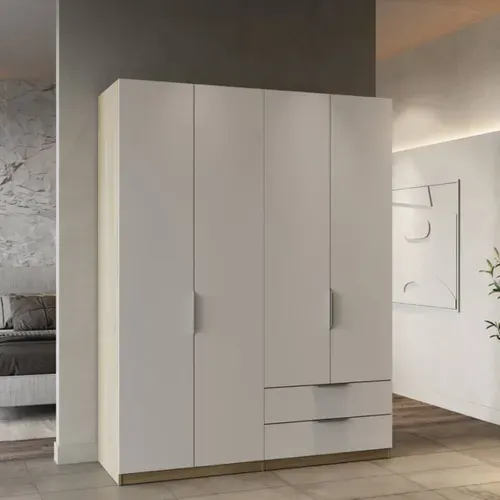 Armoire 4 portes 2 tiroirs GHOST imitation chène /blanc mat vue d'ambiance 1