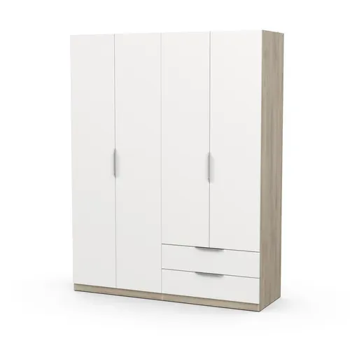 Armoire 4 portes 2 tiroirs GHOST imitation chène /blanc mat vue de profil