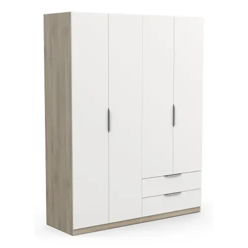 Armoire 4 portes 2 tiroirs GHOST imitation chène /blanc mat vue 3/4