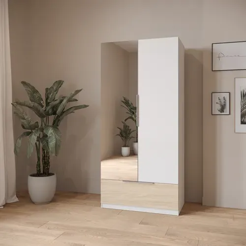 Armoire 2 portes 1 tiroir MERYL blanc et imitation chêne vue d'ambiance 1