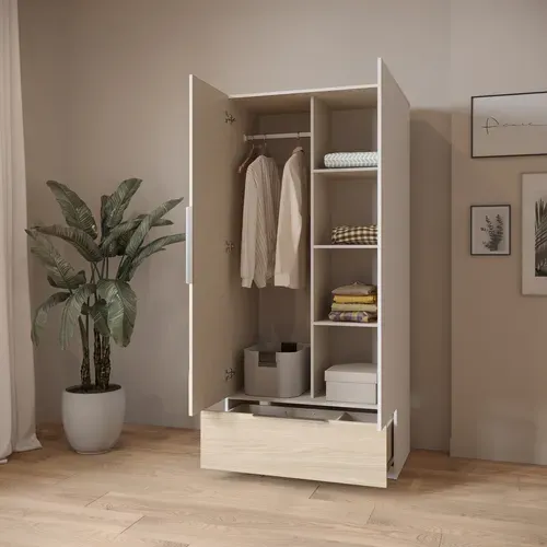 Armoire 2 portes 1 tiroir MERYL blanc et imitation chêne